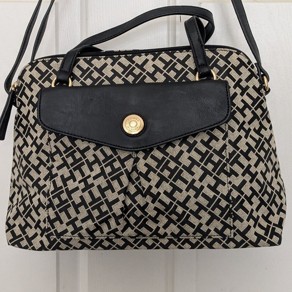 Tommy Hilfiger Women's Cavas Leather Tote Bag Croosbody Blue Signature